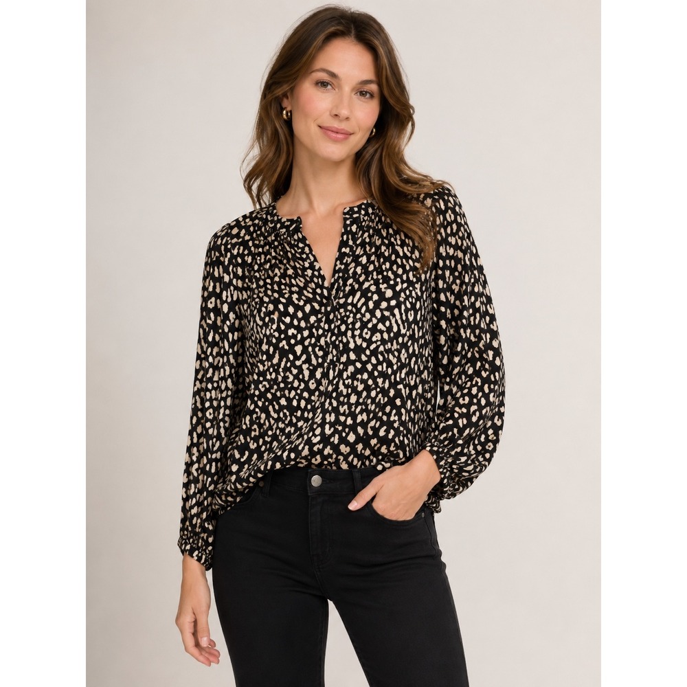 BARDOT Blouse Leopard Animal Print Long Sleeve Women XS Black White V-Neck Tie
